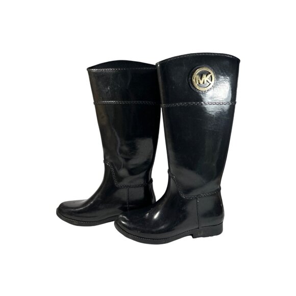 Michael Kors Black Tall Shiny Rain Boots Size 7 Capsule Preppy Academia - Picture 2 of 10